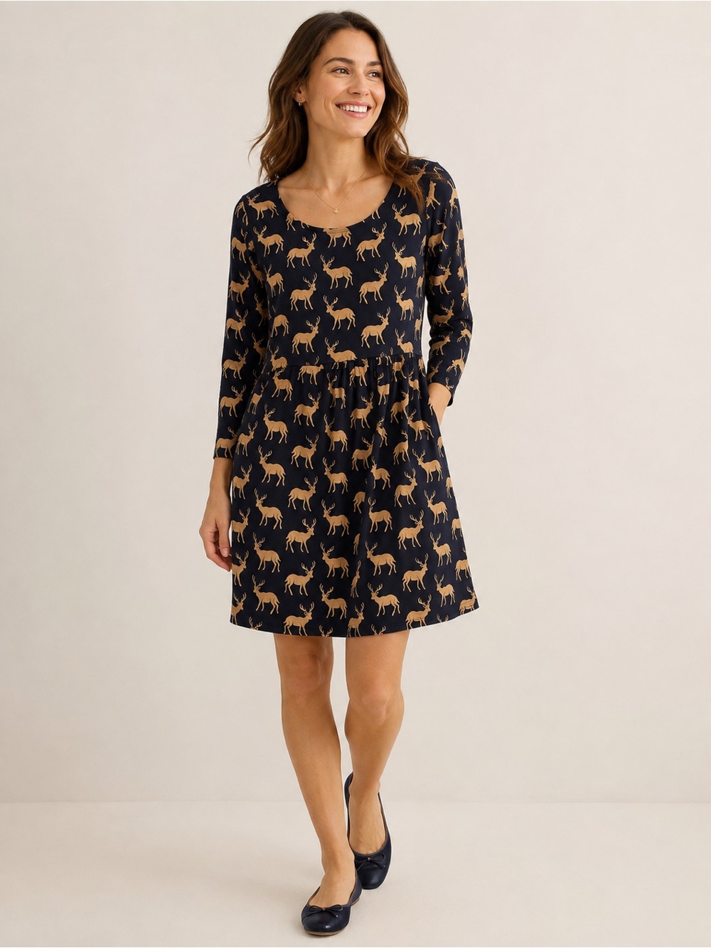 Boden Black Deer Stag Print Dress Long Sleeve Woodland Novelty